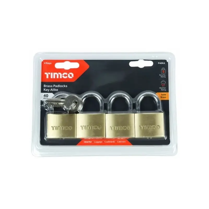TIMCO Brass Padlocks Key Alike - 40mm - Pack of 4 Pieces