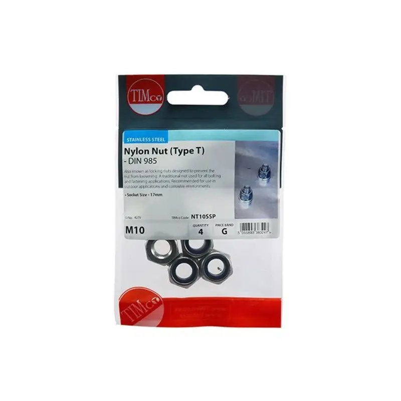TIMCO Nylon Insert Nuts Type T DIN985 A2 Stainless Steel - M10 - Pack of 4 Pieces