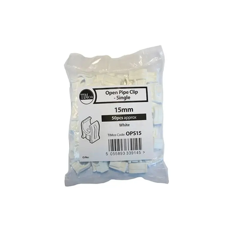 Timco Single Snap-In Open Pipe Clips White  - 15mm - Pack of 50 Pieces