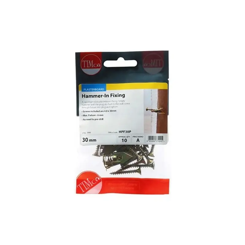 TIMCO Plasterboard Hammer-In Fixings - 4 x 30mm - Pack of 10 Pieces