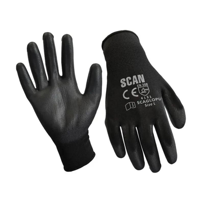 Scan Black PU Coated Gloves - L (Size 9) (12 Pairs)